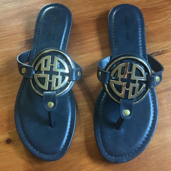 Pierre Dumas Shoes - Pierre Dumas Colored Flat Sandals 7.5 Navy PU Flip Flop Thongs Gold